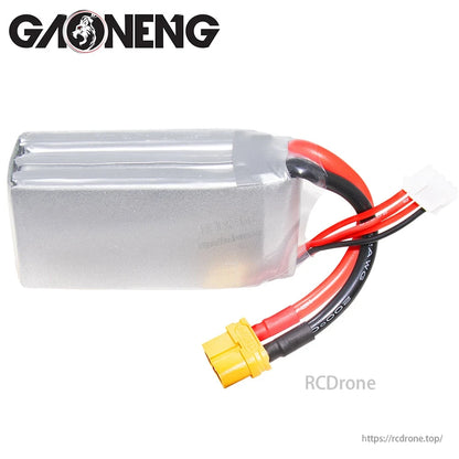 Rear view of GAONENG 3S LiPo battery showing silver wrap, wire exit, XT60 plug and balance connector