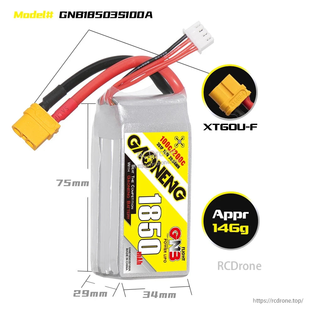 GNB18503S100A battery dimensions graphic (75 x 34 x 29mm) with XT60U-F connector and approx 146g weight