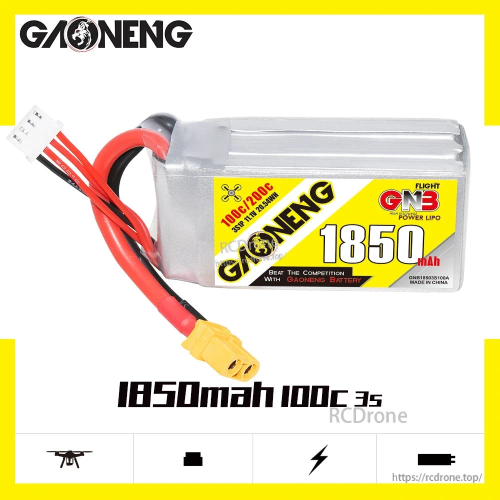 Side profile of GAONENG 1850mAh 100C 3S LiPo battery with XT60 lead, label and branding visible