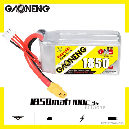 Side profile of GAONENG 1850mAh 100C 3S LiPo battery with XT60 lead, label and branding visible