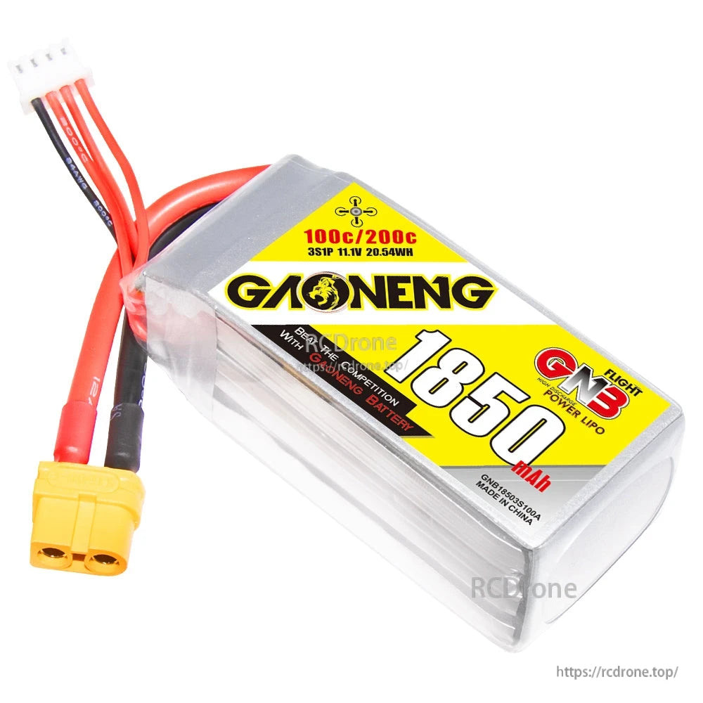 Angled view of GAONENG 1850mAh 3S LiPo battery with XT60 connector and balance lead on white background
