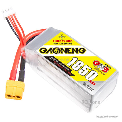 Angled view of GAONENG 1850mAh 3S LiPo battery with XT60 connector and balance lead on white background