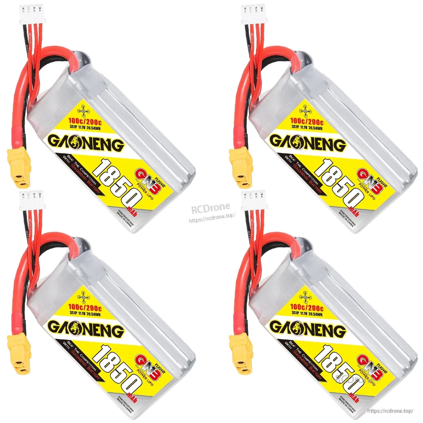 Four GAONENG 1850mAh 3S LiPo batteries displayed as a set, each with XT60 plug and balance lead
