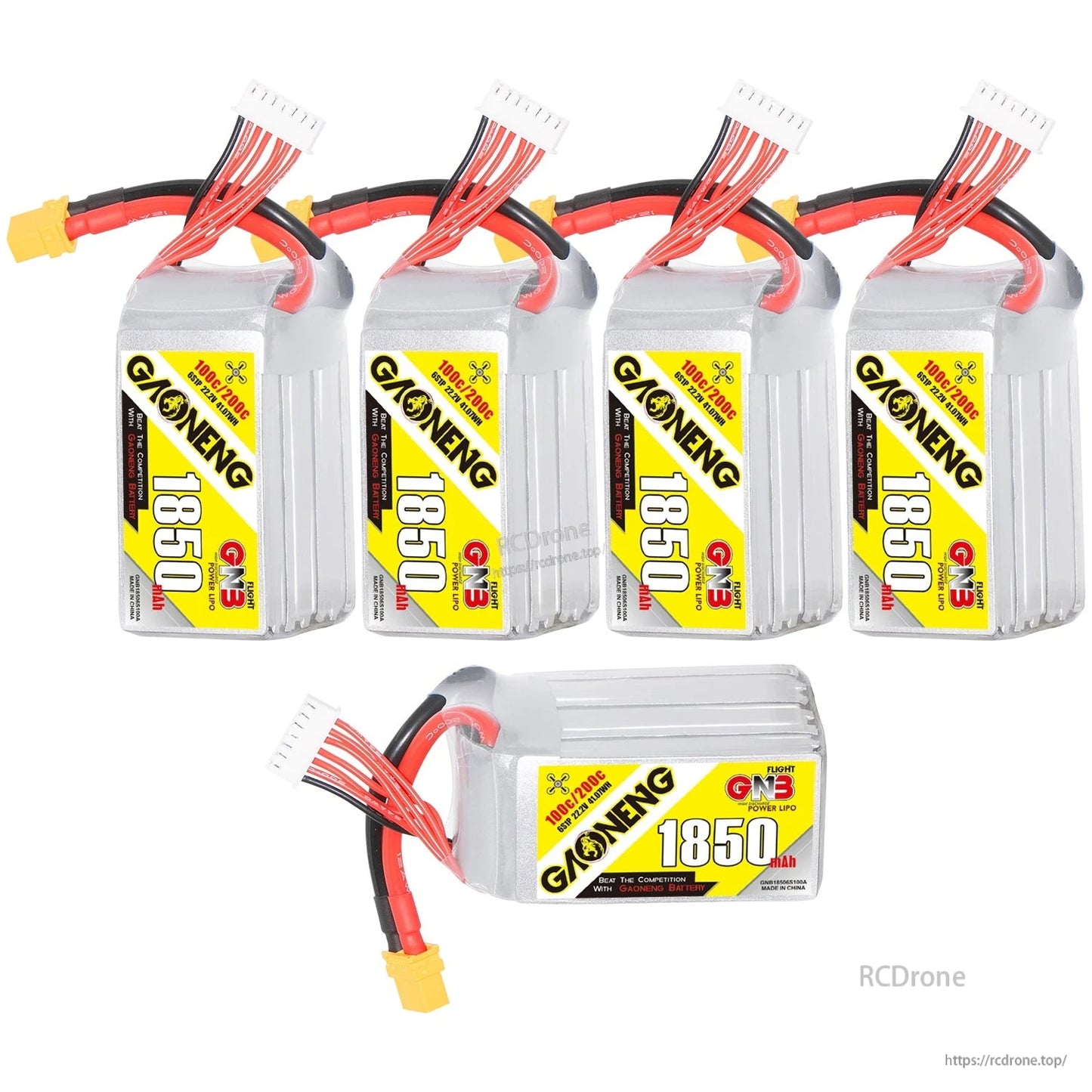 Five GAONENG 1850mAh LiPo batteries set, four upright plus one horizontal showing label and connectors