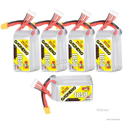 Five GAONENG 1850mAh LiPo batteries set, four upright plus one horizontal showing label and connectors