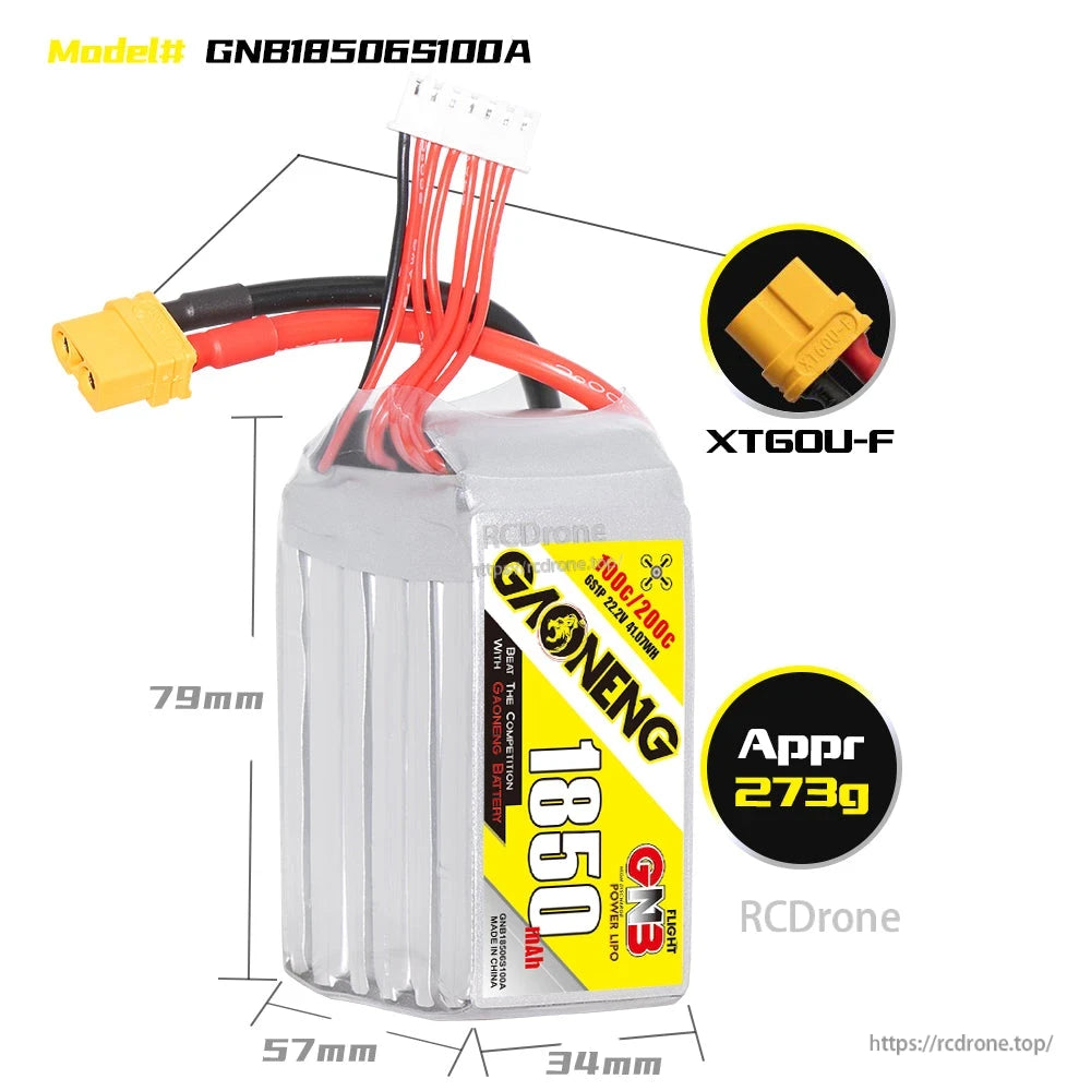 GNB18506S100A LiPo dimensions diagram with XT60U-F connector close-up and approx 273g weight
