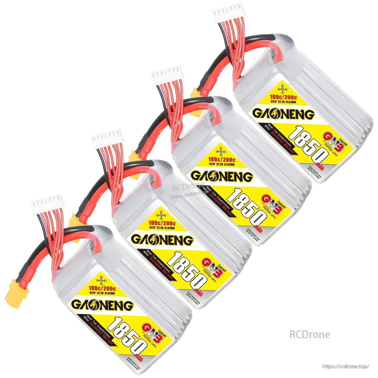 Four-pack bundle of GAONENG 1850mAh LiPo batteries arranged diagonally with XT60 and balance leads