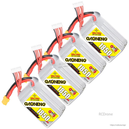Four-pack bundle of GAONENG 1850mAh LiPo batteries arranged diagonally with XT60 and balance leads