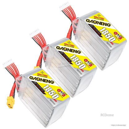 Three GAONENG 1850mAh LiPo batteries bundled together, angled set view with XT60 connectors