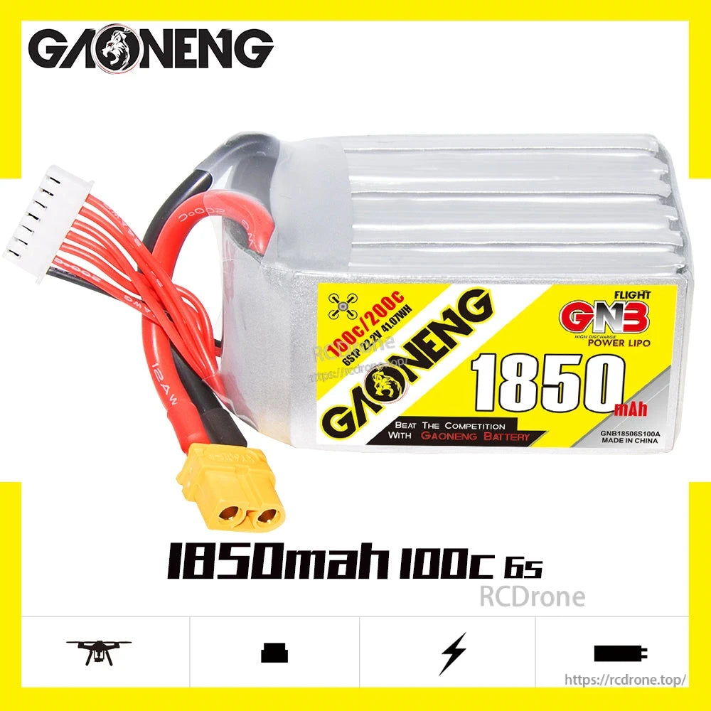 GAONENG GNB18506S100A battery graphic showing 1850mAh 100C 6S on label