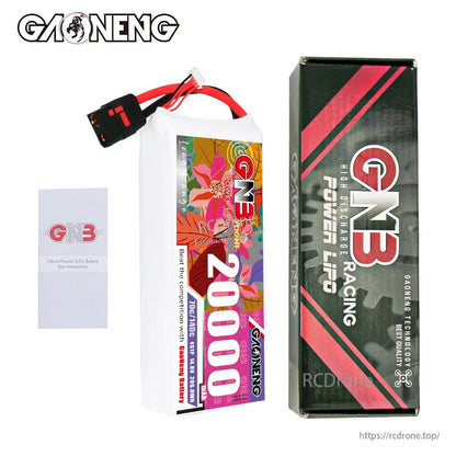 Package contents: GAONENG GNB 20000mAh LiPo battery, retail box, and instruction leaflet