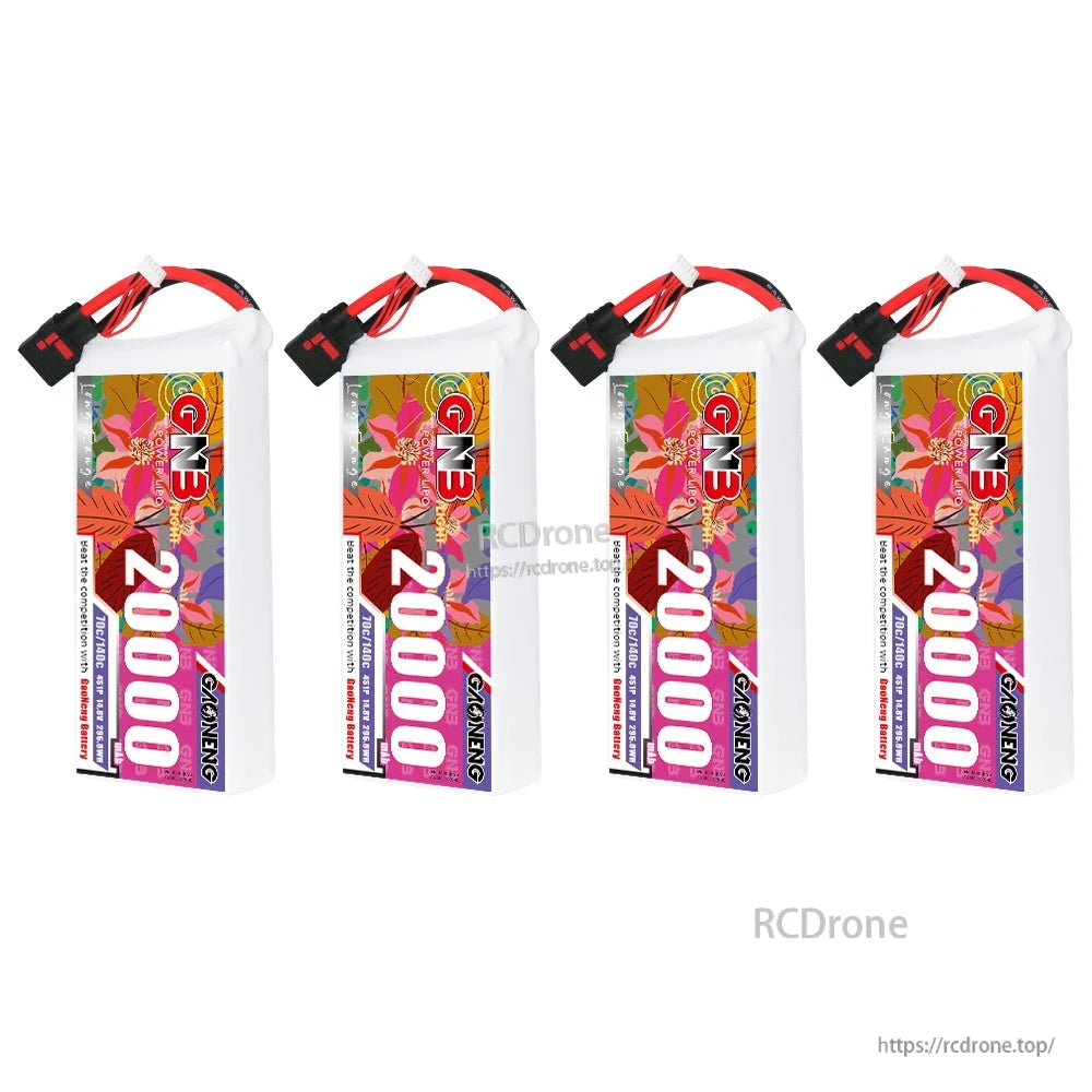 Four GAONENG GNB 20000mAh LiPo batteries shown upright, side label views