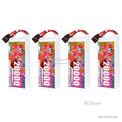 Four GAONENG GNB 20000mAh LiPo batteries shown upright, side label views