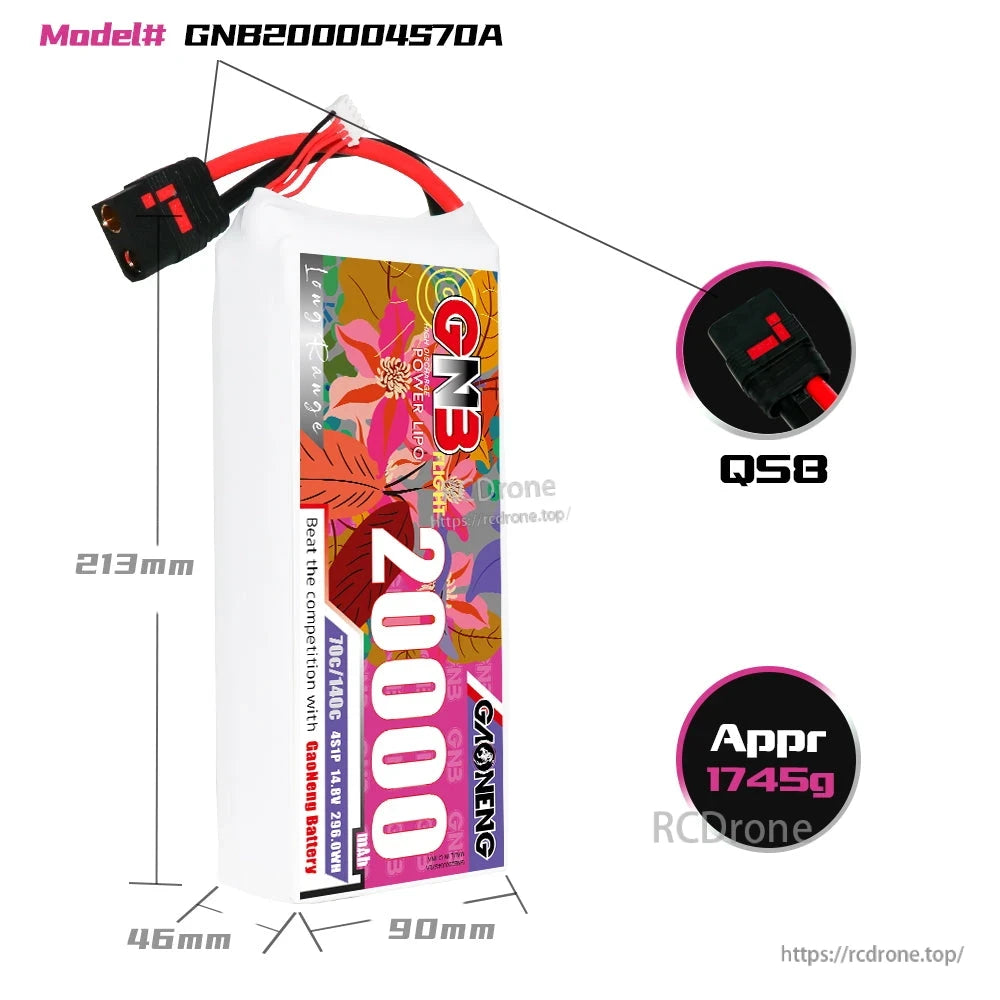 Battery dimensions and QS8 plug close-up for GNB200004S70A 4S 20000mAh LiPo (approx 213×90×46mm)