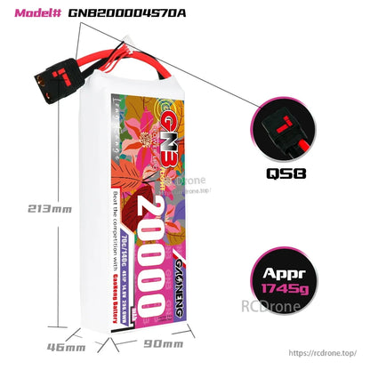 Battery dimensions and QS8 plug close-up for GNB200004S70A 4S 20000mAh LiPo (approx 213×90×46mm)