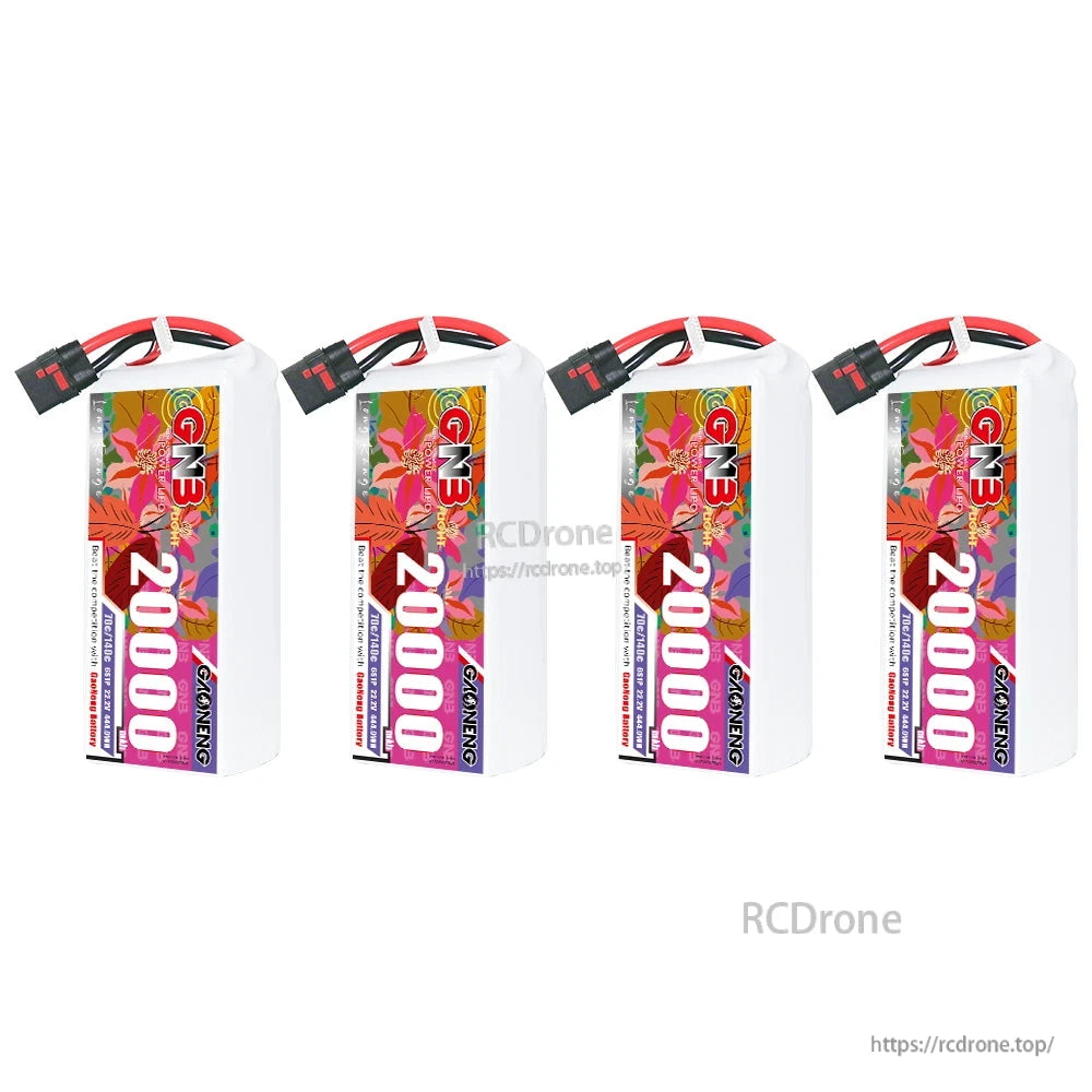 Four GAONENG GNB 20000mAh LiPo batteries lined up, side label view with leads