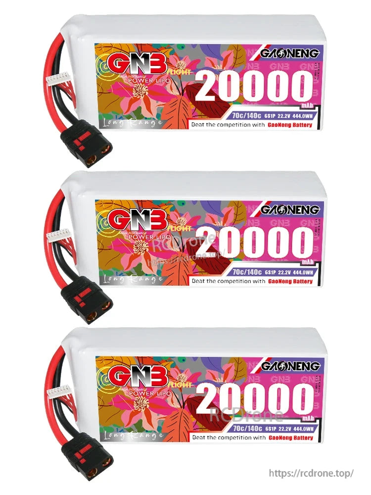 Three GAONENG GNB 20000mAh 6S LiPo batteries shown in a stacked set, front label view