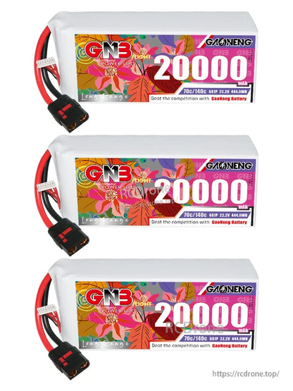 Three GAONENG GNB 20000mAh 6S LiPo batteries shown in a stacked set, front label view