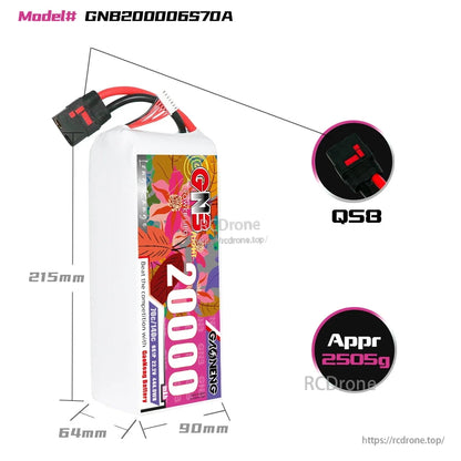 Battery dimensions and connector callouts: GNB200006S70A with QS8 plug, 215×90×64 mm, approx 2505 g