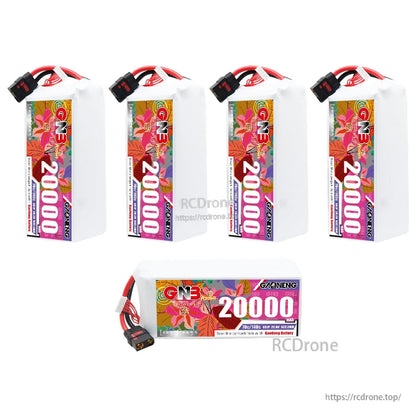 Five-pack layout: four upright batteries plus one horizontal pack showing label and QS8 lead