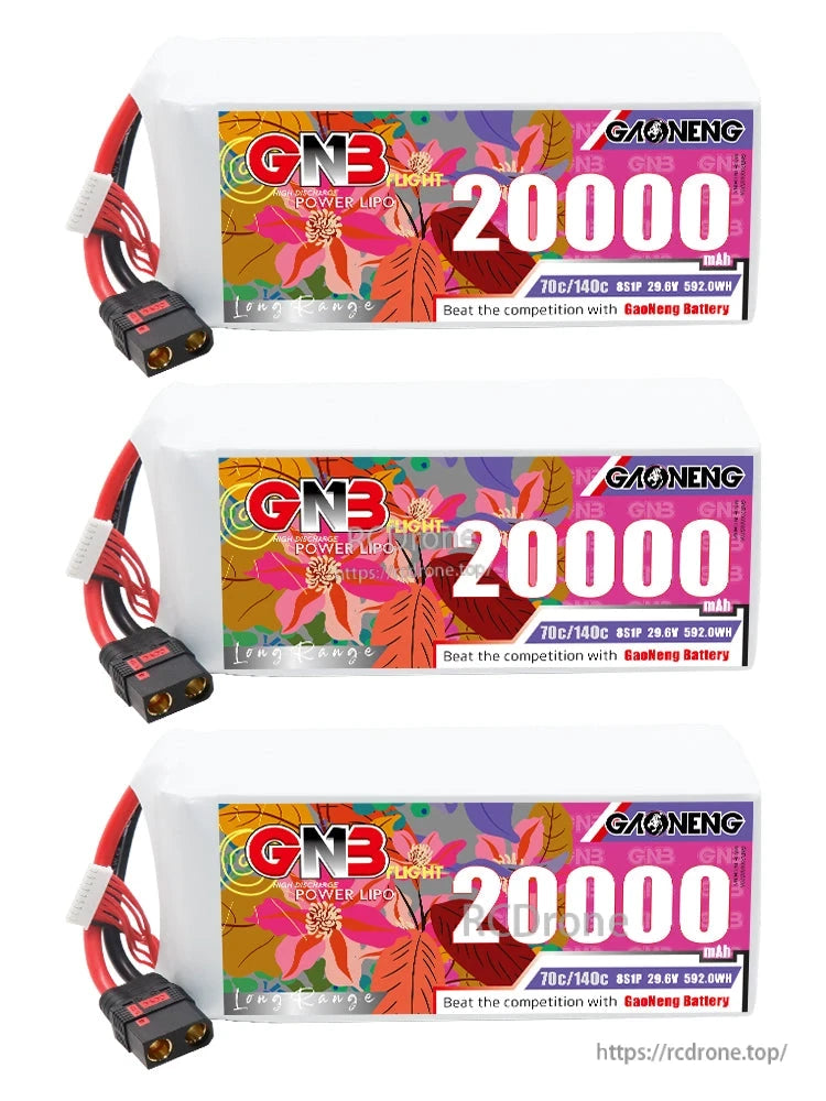 Three GAONENG GN3 20000 battery packs stacked, showing label side and QS8 leads
