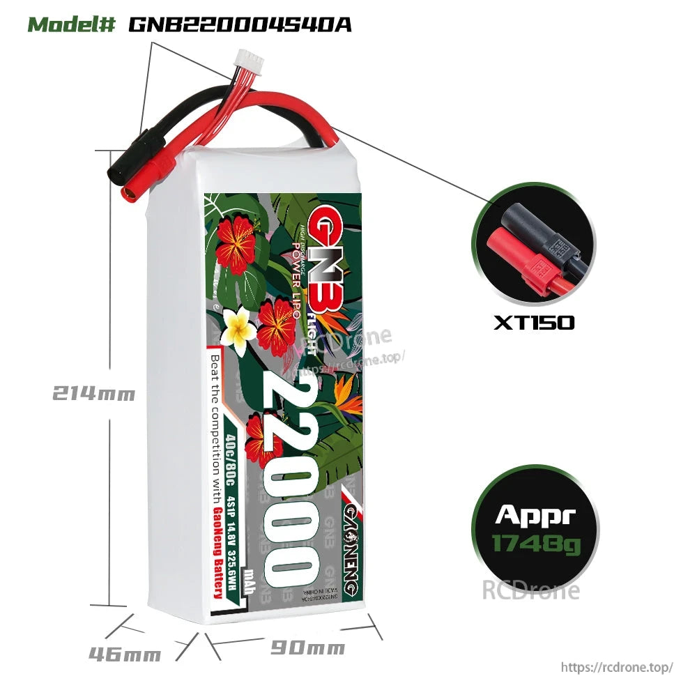 Battery dimensions diagram for GNB220004S40A with XT150 plug close-up and approx weight 1748g