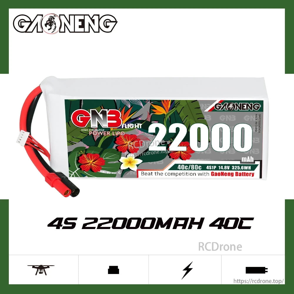 GAONENG GNB220004S40A 4S 22000mAh 40C LiPo battery graphic with icons and spec text
