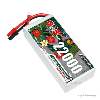 Angled top view of GAONENG 22000mAh LiPo pack showing XT150 power lead and balance plug