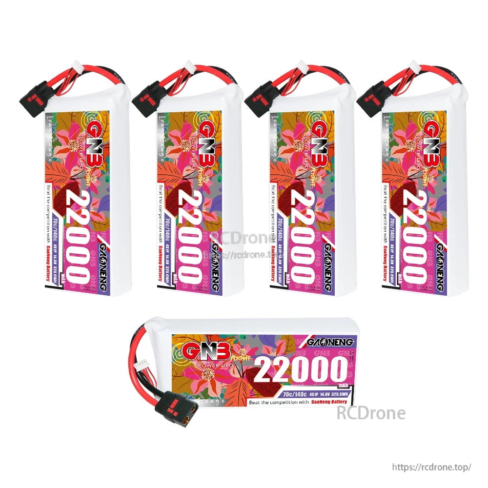 Five-pack bundle image with four upright GN3 22000mAh packs and one horizontal pack