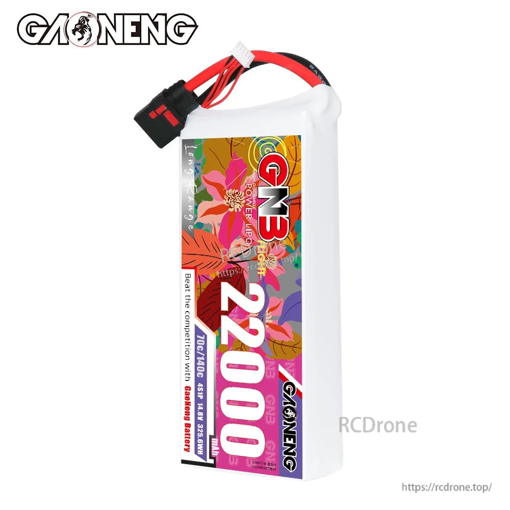 Side view of GAONENG GNB 22000mAh LiPo pack showing cable exit and label panel