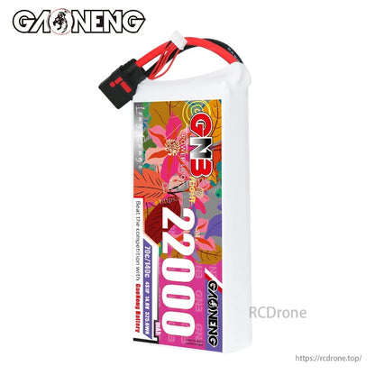 Side view of GAONENG GNB 22000mAh LiPo pack showing cable exit and label panel