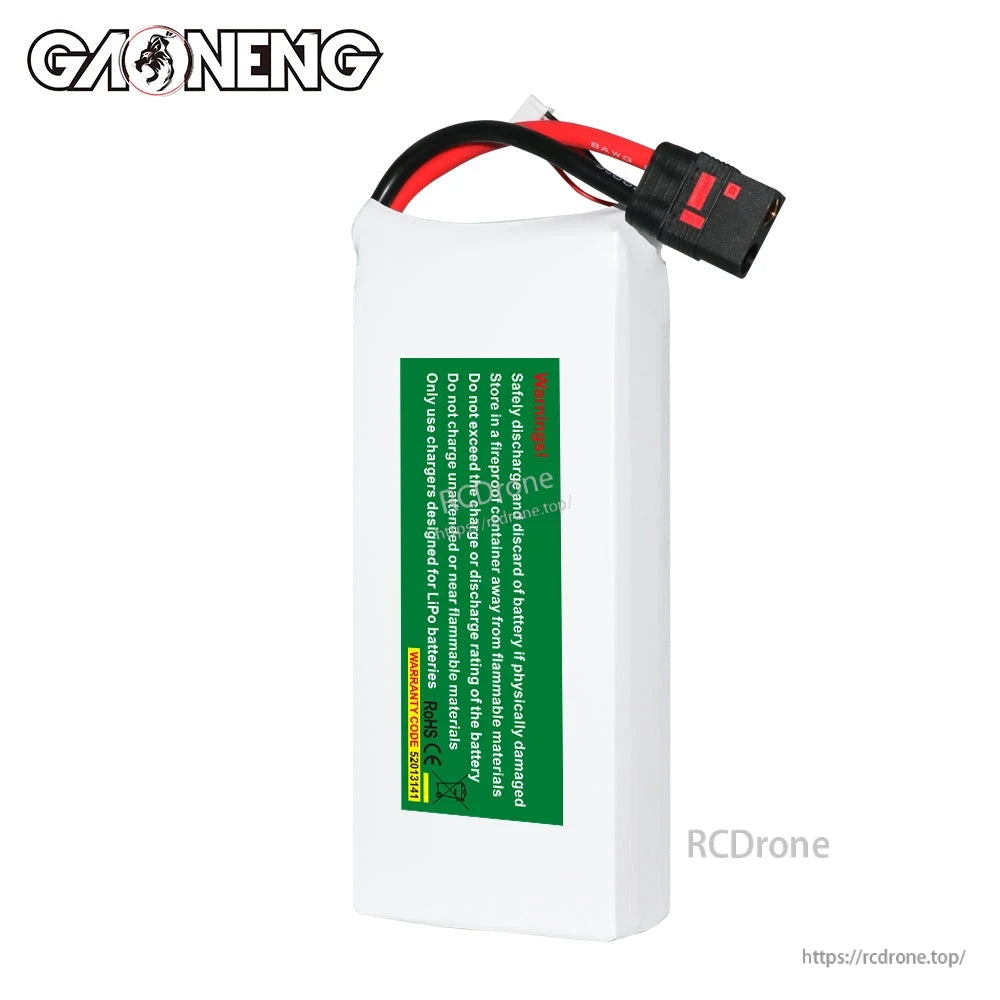 Rear view of battery showing green safety warning label and QS8 discharge lead