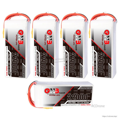 Set layout showing four upright GAONENG GNB LiPo packs plus one pack displayed horizontally
