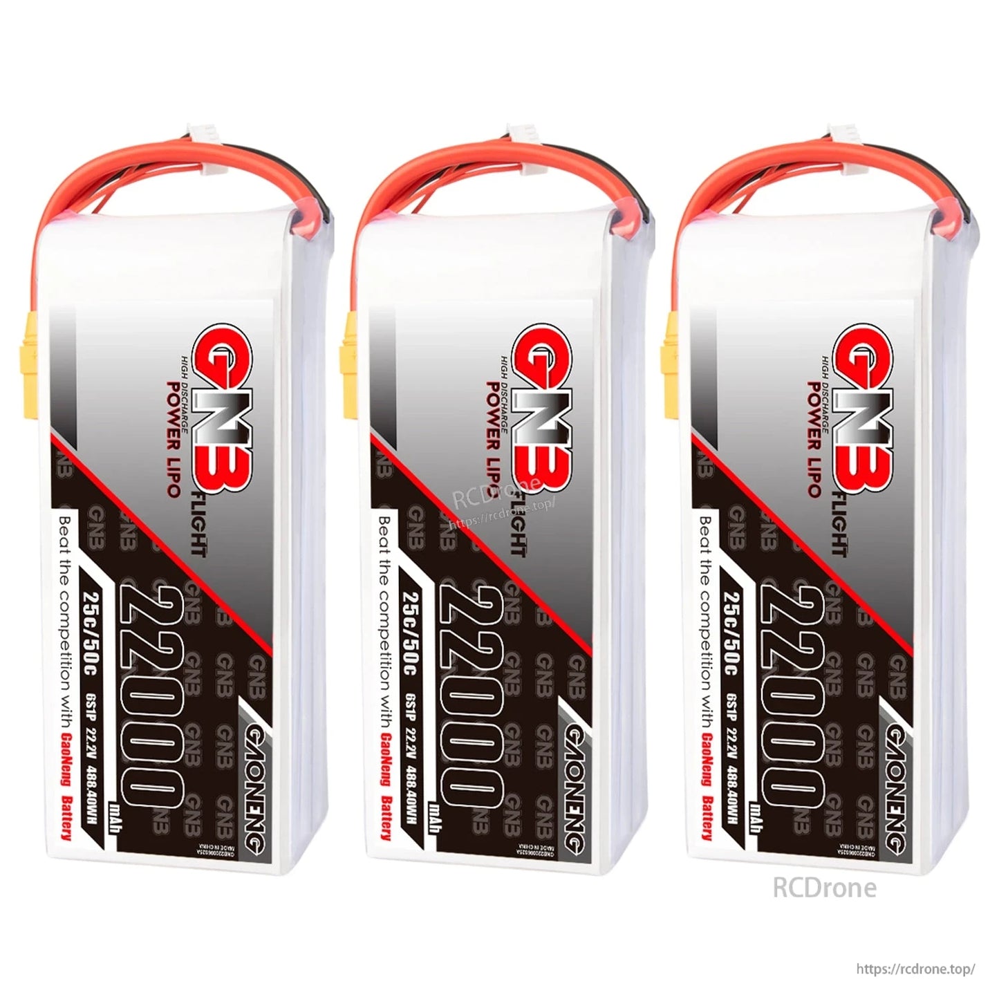 Three GAONENG GNB 22000mAh LiPo battery packs shown upright in a row