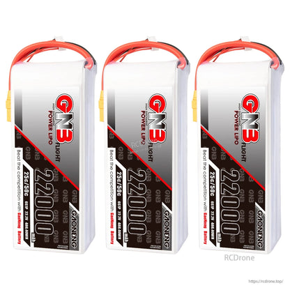 Three GAONENG GNB 22000mAh LiPo battery packs shown upright in a row