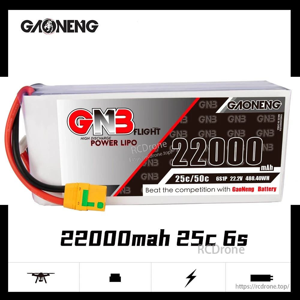 GAONENG GNB220006S25A 22000mAh 25C 6S LiPo battery label close-up with XT90S plug
