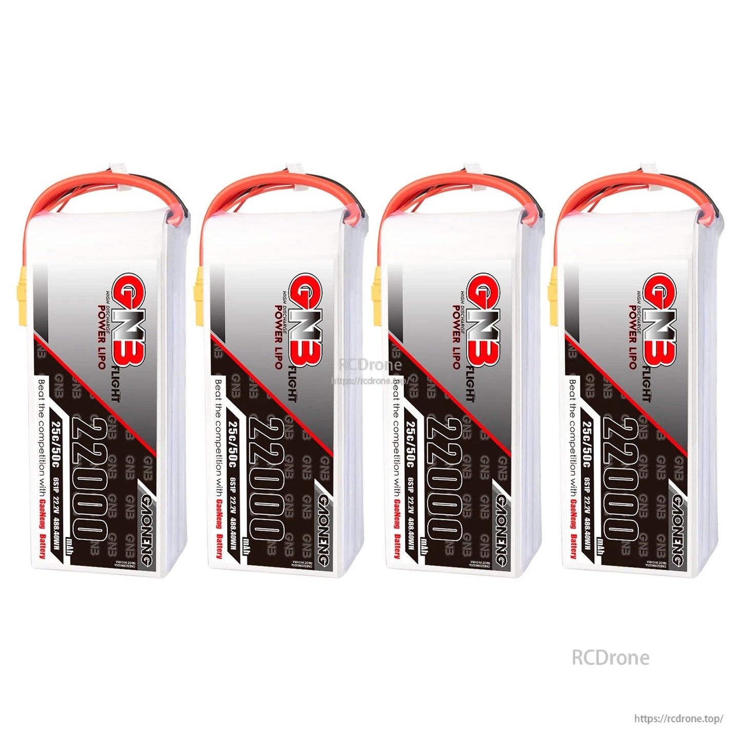 Four GAONENG GNB 22000mAh LiPo battery packs shown upright side by side