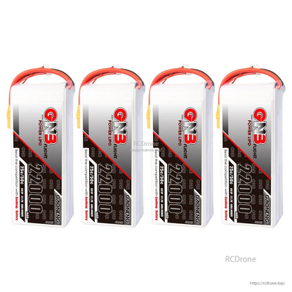 Four GAONENG GNB 22000mAh LiPo battery packs shown upright side by side