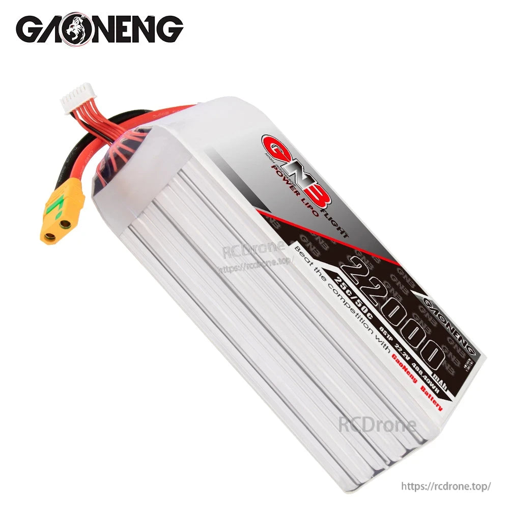 Angled side view of GAONENG GNB 22000mAh LiPo pack showing cell stack and wiring exit