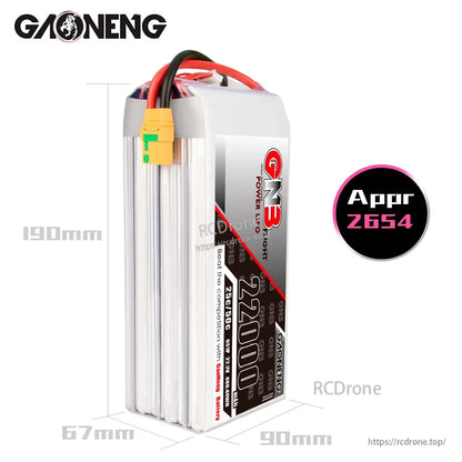 GAONENG 6S LiPo battery pack dimensions diagram showing approx. 190×90×67mm, Apr 2654 note