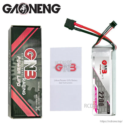 Package contents: GNB battery, GNB Racing box, and LiPo battery user instructions booklet