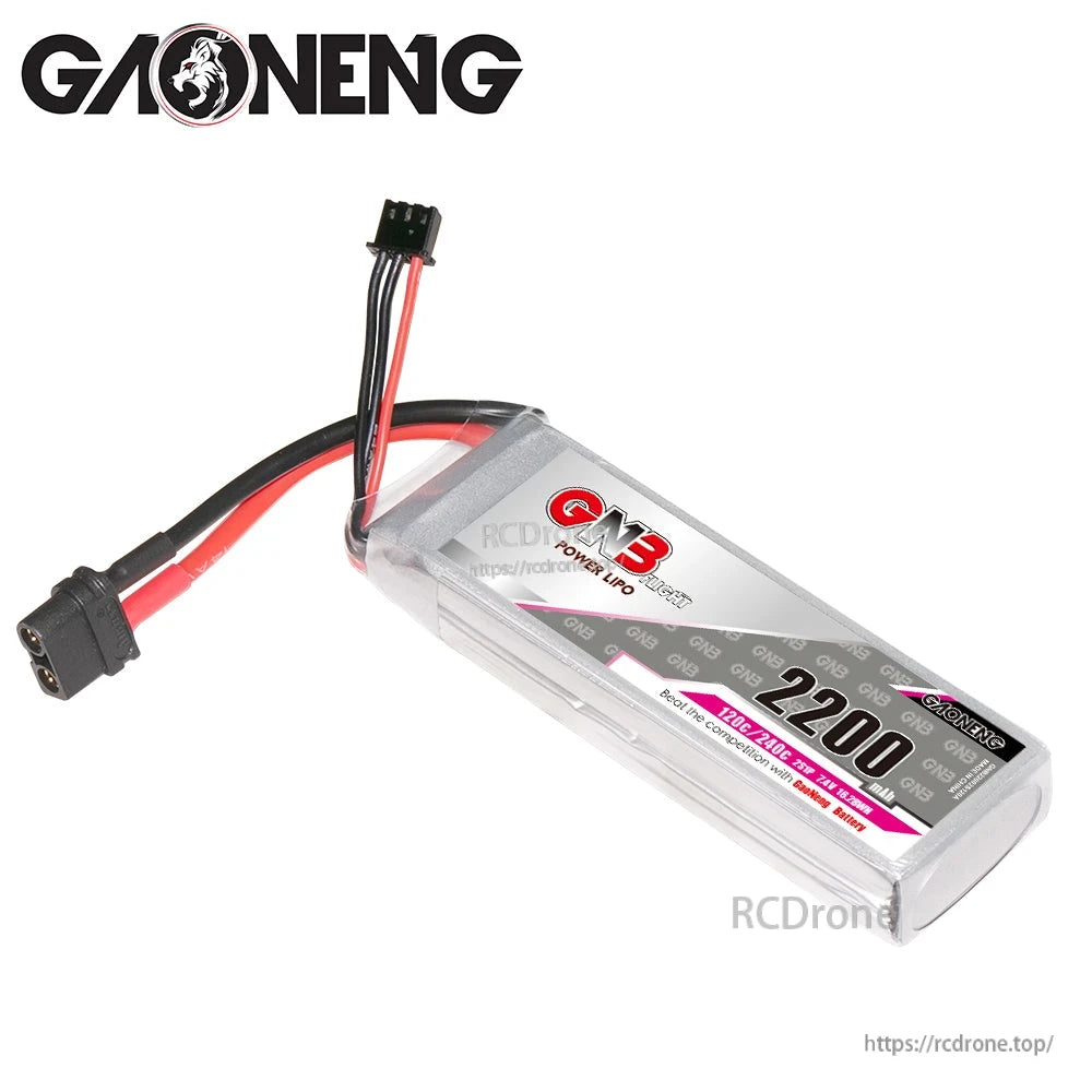 Angled view of GNB 2200mAh LiPo showing XT60 plug, power wires, and 3-pin balance connector