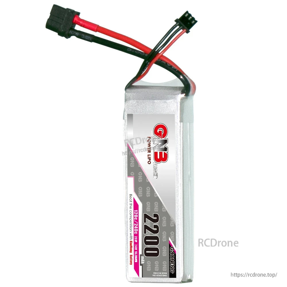 Single GNB 2200mAh LiPo battery upright view showing front label and attached balance lead
