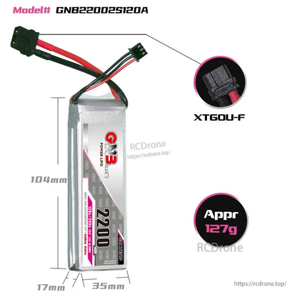 GNB22002S120A battery size and weight diagram, 104×35×17mm with XT60U-F connector callout
