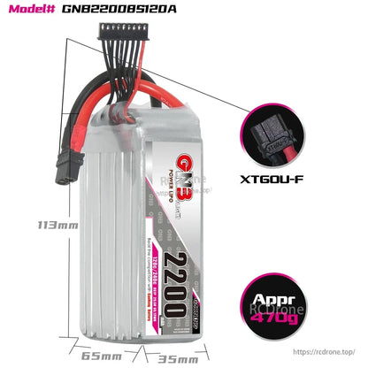 GNB22008S120A battery dimensions 113×65×35mm with XT60U-F connector and approx 470g