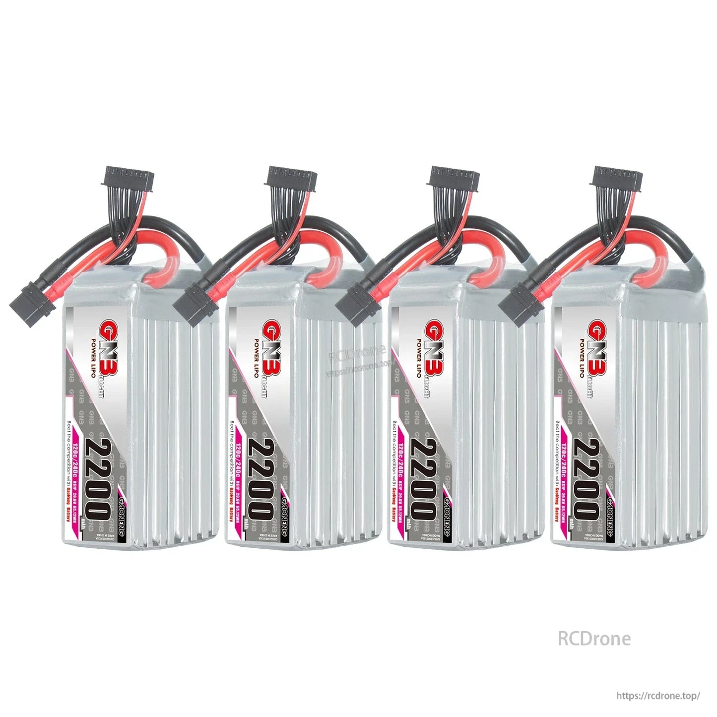 Four GNB 2200 LiPo batteries lineup, upright view showing labels and wiring