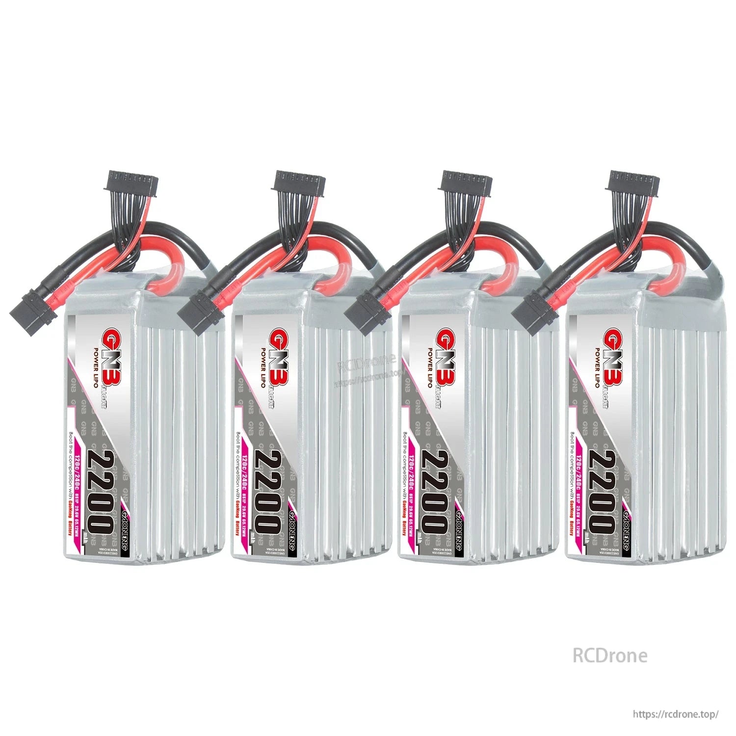 Four GNB 2200 LiPo batteries lineup, upright view showing labels and wiring