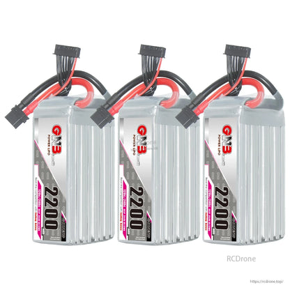 Three GNB 2200 LiPo batteries lineup, upright view with connectors visible