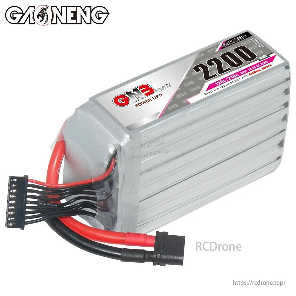 Angled top view of GNB 2200 LiPo battery showing label and attached power leads