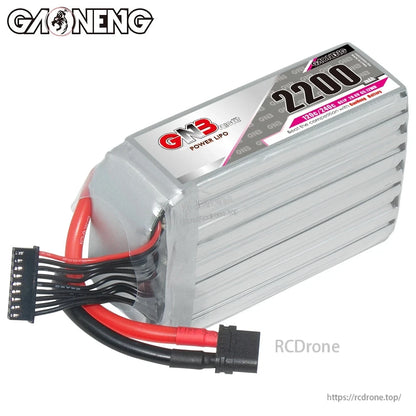 Angled top view of GNB 2200 LiPo battery showing label and attached power leads